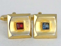 Boutons de manchette vintage dorés à cabochon de gemmes rouge et bleue